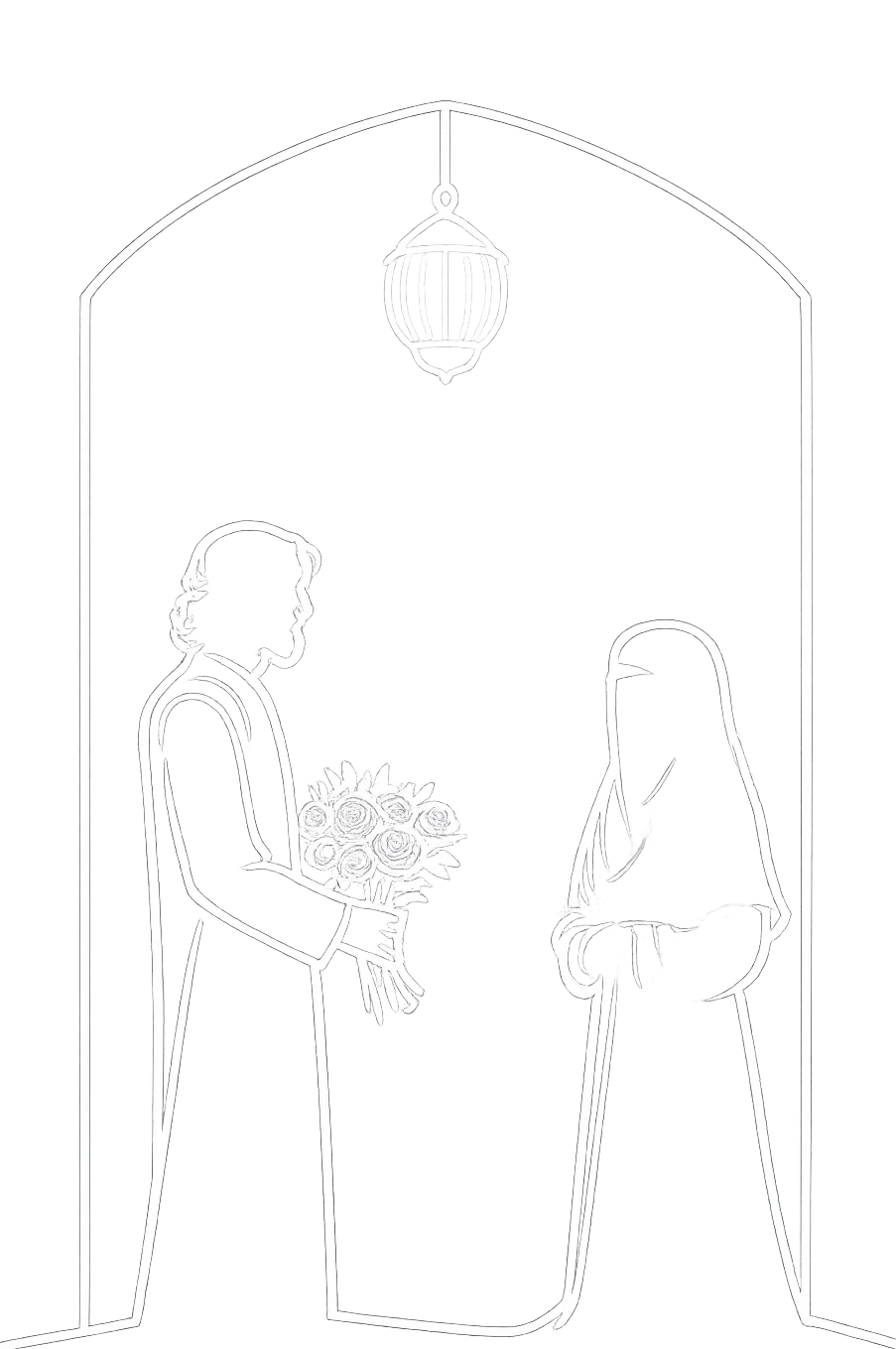 Couple standing under an arch, exchanging flowers