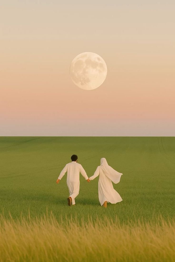 Couple walking together under the moon
